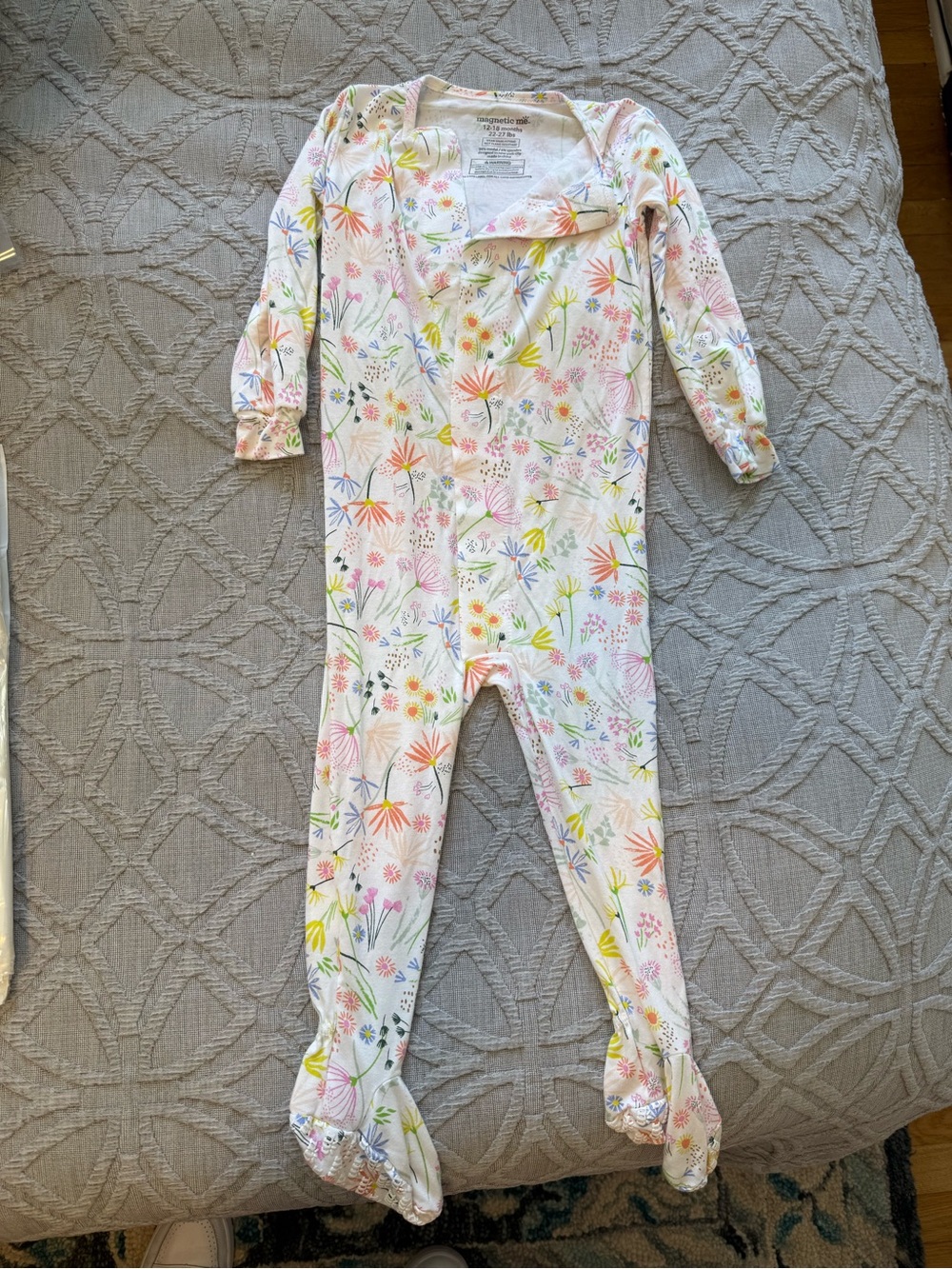 Magnetic Me White Floral Footed One-Piece Pajamas with Multicolor Flowers
